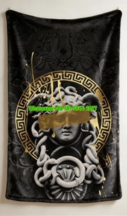 Versace Black Gold Medusa Greek Key Baroque Print Flannel Sofa Throw Blanket IMG_1416